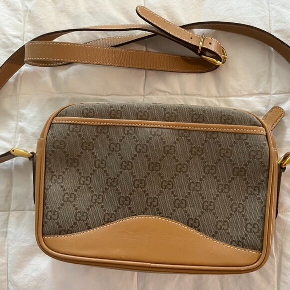 Vintage GUCCI GG Canvas Tan Leather Crossbody - Picture 1 of 5